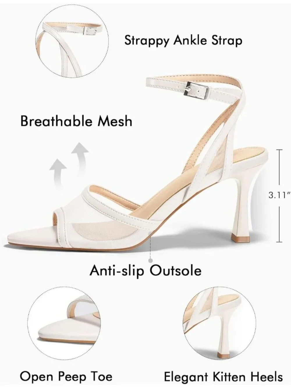Women's Mesh White Summer Pointed Open Toe Ankle Buckle Strap Heeled Sandals